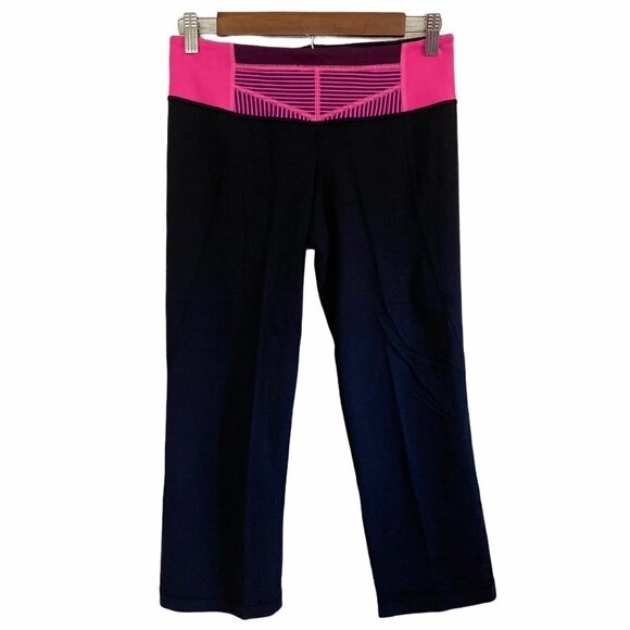Lululemon Women's Crop Thick Band Split Back Leg Black Pink Leggings Size 6 - Picture 1 of 9